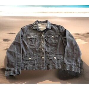 Additions Chico's Rhinestone Jean Jacket Black Denim Pockets Ladies Size 2